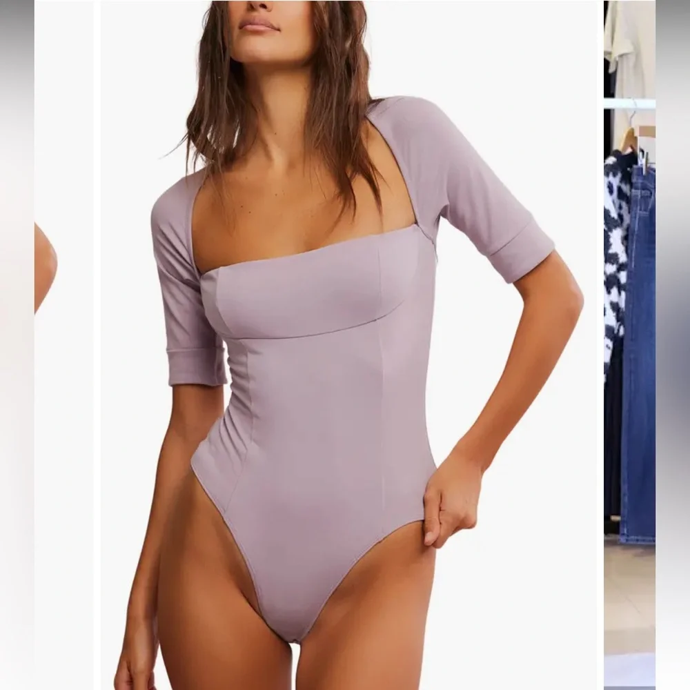 NWOT FREE PEOPLE Everly Square Neck Bodysuit Color Sea Fog Size S